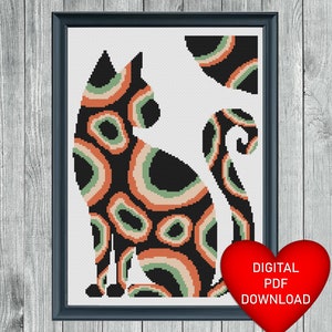 Cross Stitch Black Circle Cat Pattern, Instant PDF Download, X Stitch Pattern, 14ct Aida, Embroidery Thread, Needle Threads, DMC Floss