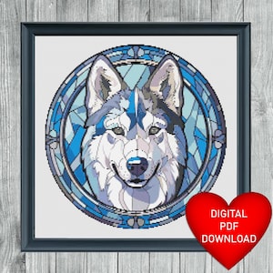 Cross Stitch Pattern, Stained Glass Style Siberian Husky Dog, Instant PDF Download, X Stitching, Embroidery, DMC Floss Threads, Snow Doggy