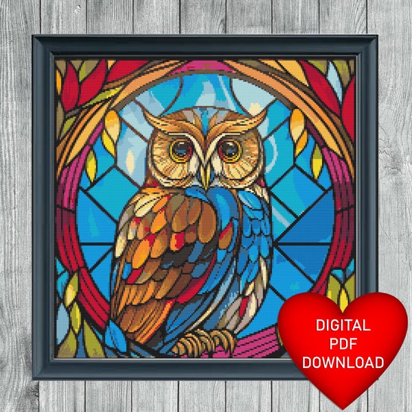 Cross Stitch Pattern, Stained Glass Window Owl, Instant PDF Download, X Stitching, Embroidery, DMC Floss Threads, 14ct Aida Fabric, Bird Art