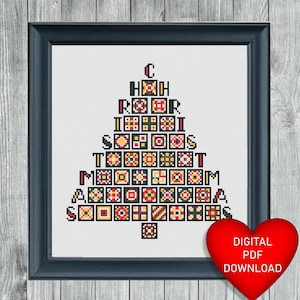 May include: A cross-stitch pattern for a Christmas tree made of colorful quilt blocks. The pattern spells out "CHRISTMAS" in a triangle shape. The pattern is available as a digital PDF download.