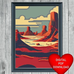 Cross Stitch Pattern, Bisti Badlands, Instant PDF Download, 14ct Aida, Embroidery Threads, DMC Floss, New Mexico Wilderness, Landscape