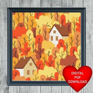 Kreuzstich Muster, Herbst Wald Häuser, Herbstliche Landschaft, sofortiger PDF Download, 14ct Aida, Stickgarn, DMC Stickgarn, Landschaft