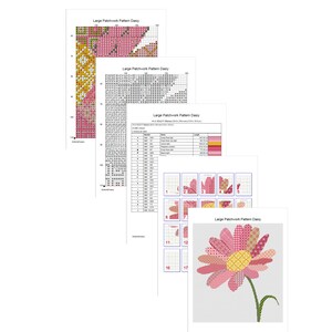 May include: A digital pattern for a large patchwork daisy flower. The pattern includes a color chart, a diagram of the flower, and instructions for assembling the flower.