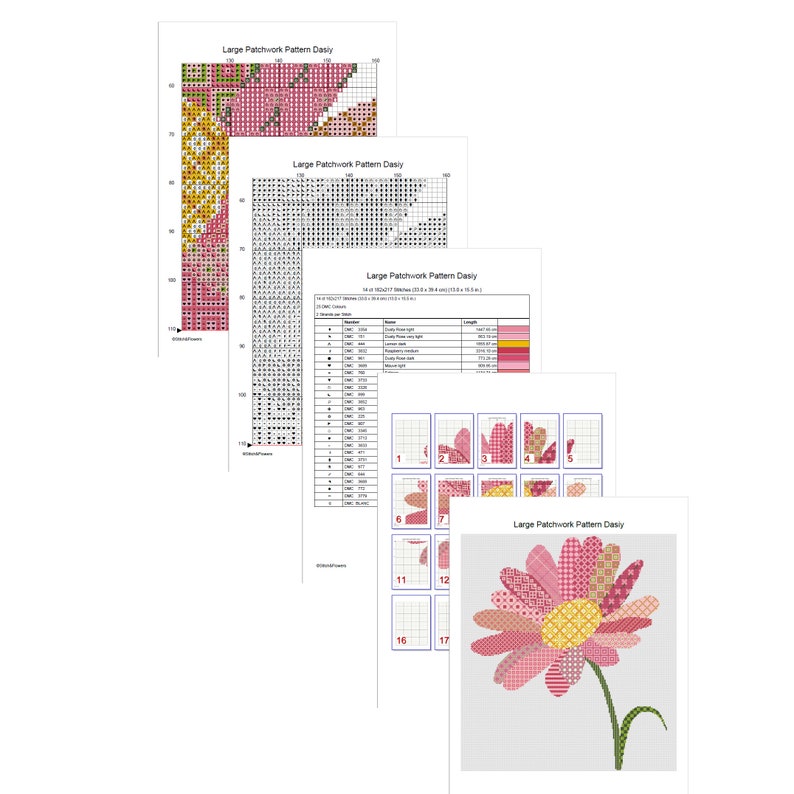May include: A digital pattern for a large patchwork daisy flower. The pattern includes a color chart, a diagram of the flower, and instructions for assembling the flower.