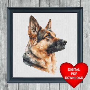 Puede incluir: Un patrón de punto de cruz digital de un perro pastor alemán con pelaje marrón y negro. El perro está mirando hacia la derecha. El patrón está disponible para descargar en formato PDF digital.