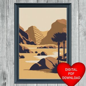 Cross Stitch Pattern, Wadi Rum, Jordan, Instant PDF Download, 14ct Aida, Embroidery Threads, DMC Floss, Valley of the Moon, Desert, Holiday