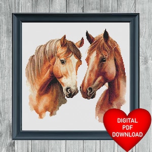 Watercolor Style Horses Cross Stitch Pattern, Instant PDF Download, X Stitch Pattern, 14ct Aida, Embroidery, DMC Floss Threads