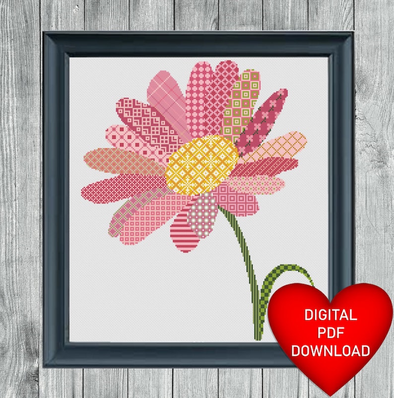 Large Patchwork Pattern Daisy Flower Cross Stitch Pattern, Instant PDF Download, X Stitching Hobby, 14ct Aida, Embroidery, DMC Floss Thread image 1