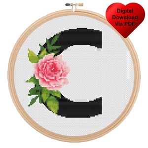 Floral Letter C, Cross Stitch Alphabet Pattern, Flower Monogram, Initial Embroidery, Instant Digital PDF Download, Black Letter C