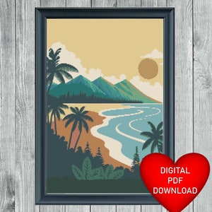 Cross Stitch Pattern, Hawaiian Seascape, Instant PDF Download, 14ct Aida, Embroidery Threads, DMC Floss, Hawaii Beach, Landscape