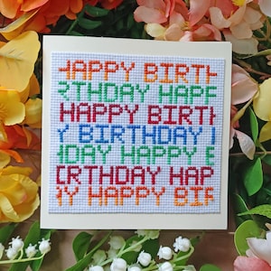 Carte de joyeux anniversaire, modèle de point de croix, téléchargement instantané du PDF, couture en X, Aida 14 carats, fil à broder, DMC, fabrication artisanale