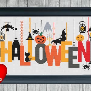 May include: Cross stitch pattern featuring the word "HALLOWEEN" in colorful letters with various Halloween icons, including a pumpkin, bats, ghosts, spiders, and a black cat.