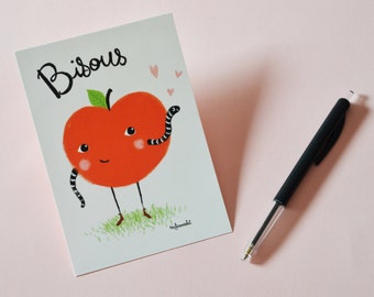 Carte Saint-Valentin - Carte Postale BISOUS  jolie pomme rouge et son asticot d'amour.