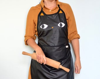 Women apron - black cat shape - Oeko-Tex coated cotton. Cute cat apron for woman . Handmade.