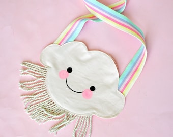 Children's shoulder bag - cloud shape - rainbow handle - fringes