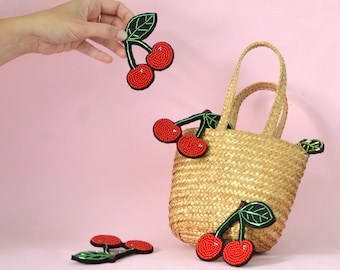 Lovely red cherry Brooch, Hand embroidered with light pink and green seed beads.