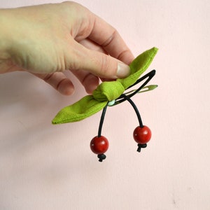 Lovely cherries Hair clip - linen leaves - wooden beads - Vintage style cheery hair clip.