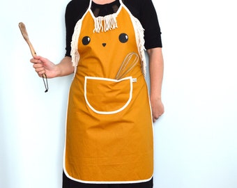 Women apron - mustard yellow lion shape - Oeko-Tex coated cotton. Cute lion apron for woman . Handmade.