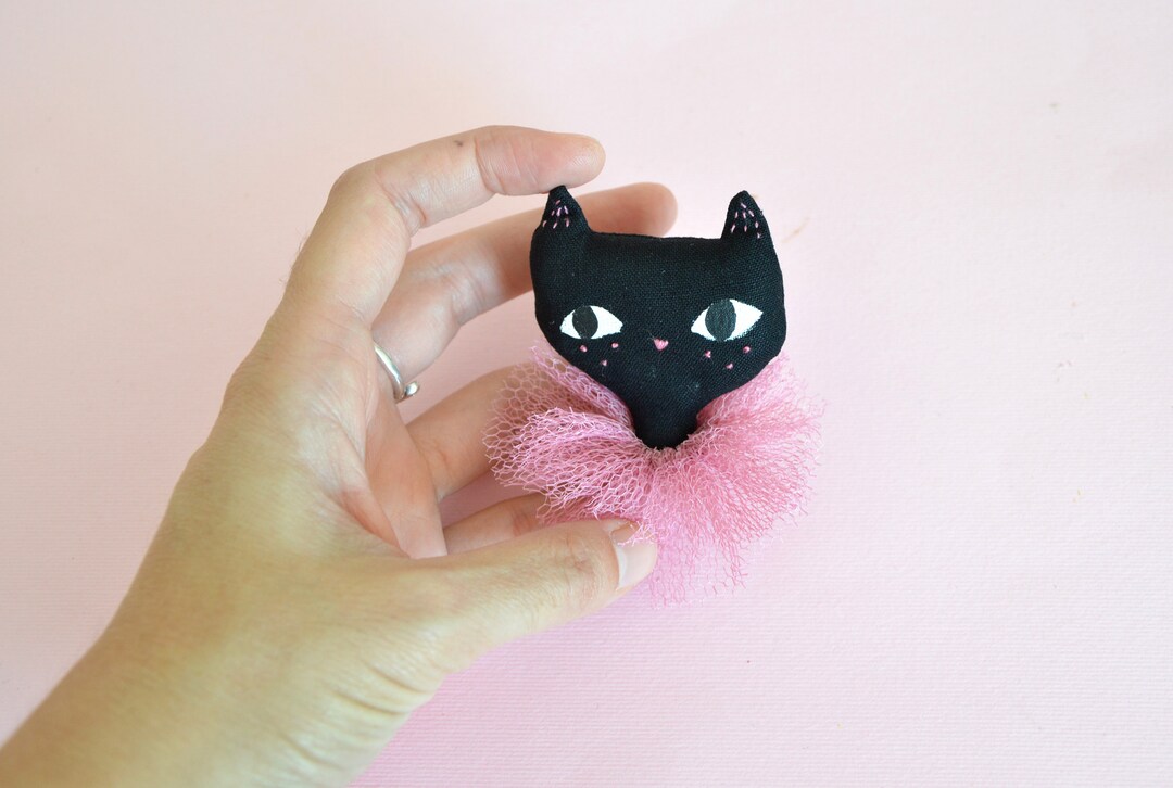 Cute Black Cat Brooch With a Pink Tulle Collar. Cat Jewel-hand-painted ...