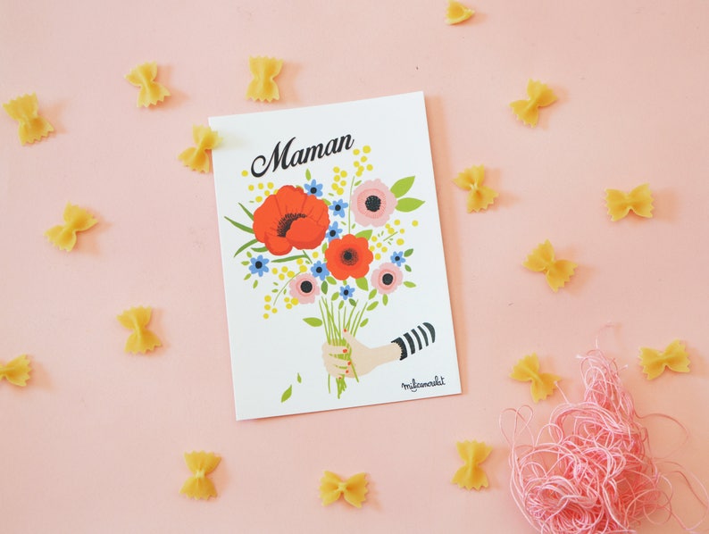 Maman Post card with bouquet of flower . French post card 4.13 x 5.82 for your mom. image 3