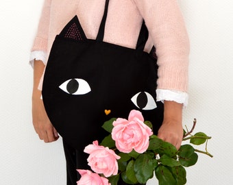 Sac coton chat noir. Tote bag coton noir tête de chat peint et brodé main. Sac de plage chat. Cabas marché chat.