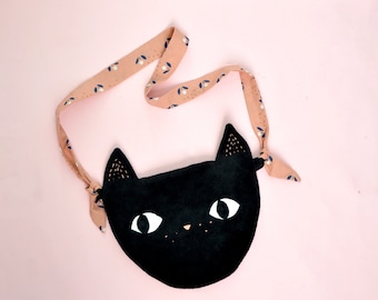 Children's handbag in the shape of a black velvet cat's head