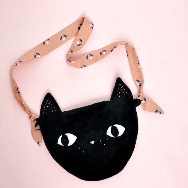 Sac à main enfant en forme de tête de chat noir en velours