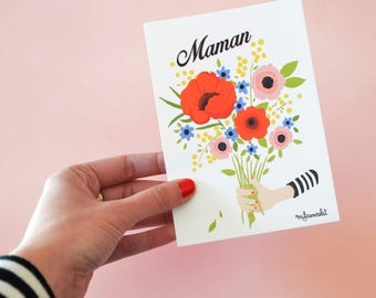 Maman Post card  with bouquet of flower . French post card 4.13" x 5.82" for your mom.