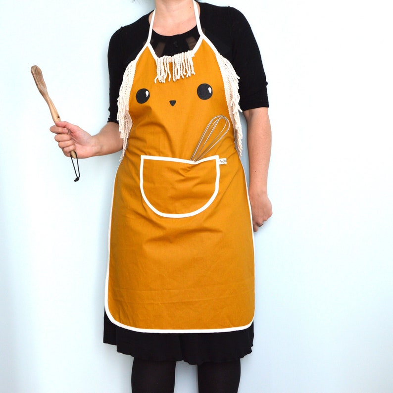 Women apron mustard yellow lion shape Oeko-Tex coated cotton. Cute lion apron for woman . Handmade. image 1