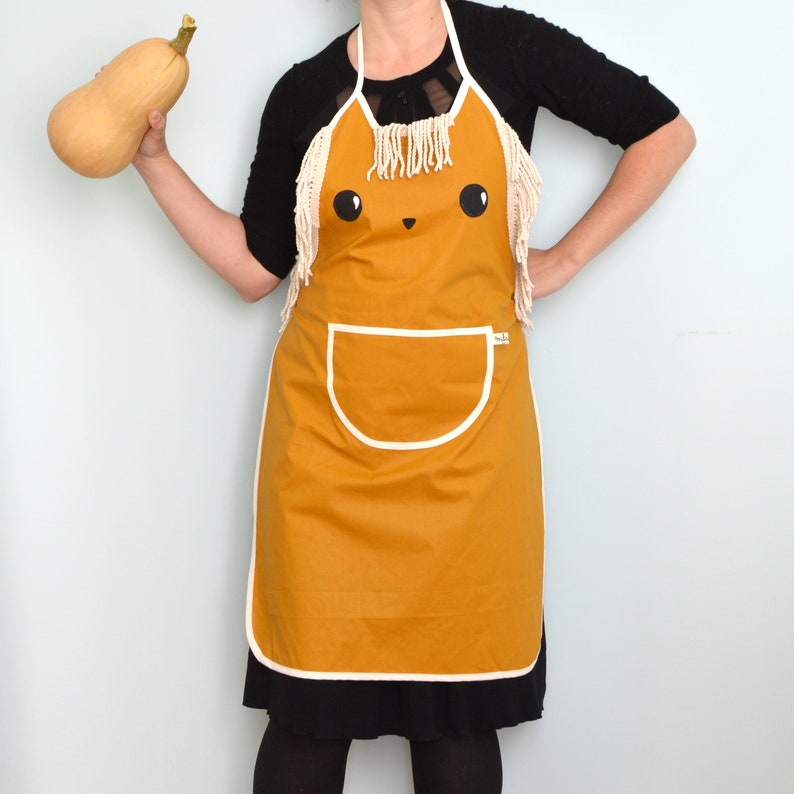 Women apron mustard yellow lion shape Oeko-Tex coated cotton. Cute lion apron for woman . Handmade. image 6