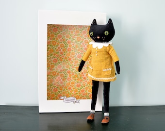 Maggy - Black velvet cat doll. double gauze clothing. Decorative doll made entirely by hand.