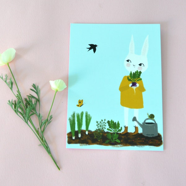 The white rabbit is a gardener - Post Card or kids room decoration illustration. 10,5x14,8 cm // 4.13