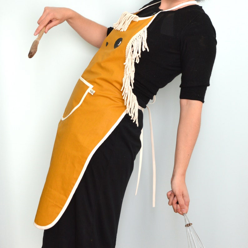 Women apron mustard yellow lion shape Oeko-Tex coated cotton. Cute lion apron for woman . Handmade. image 5