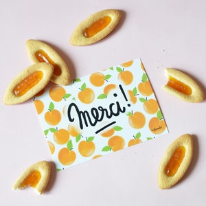 Carte Postale Merci !  Carte 14,8 cm X 10,5 cm sur fond de petits abricots oranges pour dire merci avec des fruits .