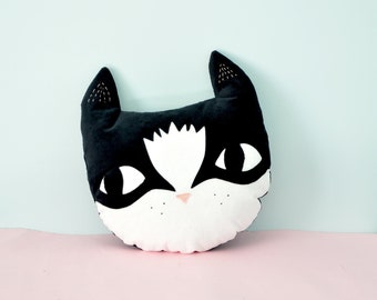 Coussin tête de chat noir et blanc en velours - Fait main - Décoration chat