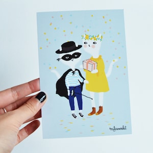 Carte Postale Enfant- cadeau de  Noêl ou Joyeux Anniversaire. Deux petits chats ont un cadeau pour toi.