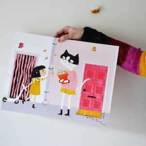 Ilustración "Buenos vecinos" gato y niña en blanco y negro - Decoración habitación infantil - Póster infantil A3.