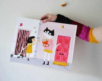 Illustration &quot;Good neighbors&quot; black and white cat and girl - Children&#39;s room decoration - A3 children&#39;s poster.