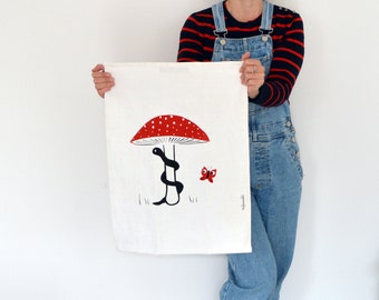 Tea towel - Mushroom, worm and butterfly - illustation - cotton- 39 cm X 54 cm. kitchen decoration