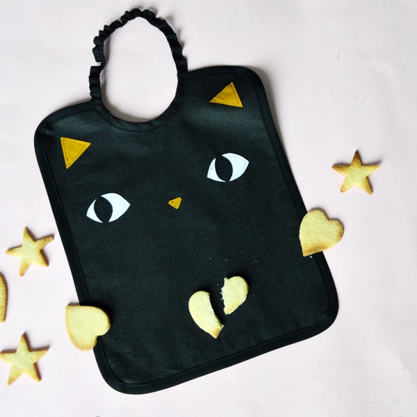 Serviette Elastique chat noir en coton enduit - Serviette cantine enfant - Serviette chat pour la  rentrée en Maternelle