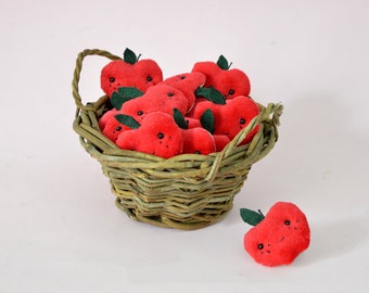 Cute red apple brooch. Red velvet and dark green linen .