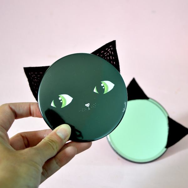 Black cat pocket mirror - Cute looking-glass and its vichy pocket that you can choose the color.