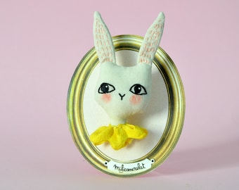 Fabric rabbit brooch - White rabbit jewel and its yellow  collar -