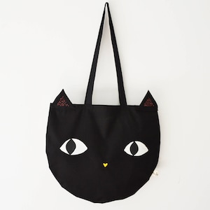 Sac coton chat noir. Tote bag coton noir tête de chat peint et brodé main. Sac de plage chat. Cabas marché chat. image 8