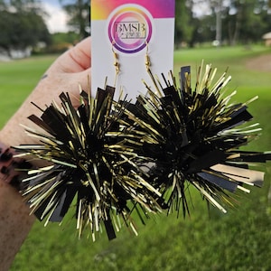 New Orleans Saints - Black and Gold Tinsel Pom Pom Earrings - Lightweight, handmade, FREE SHIPPING!