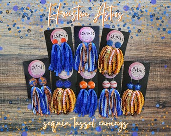 Houston Astros Sequin Tassel Earrings - Blue and Orange lightweight handmade earrings
