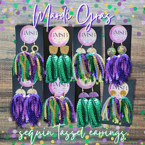 Mardi Gras Sequin Earrings - lightweight, tassel earrings, handmade, Mardi Gras, custom, sequin, FREE SHIPPING