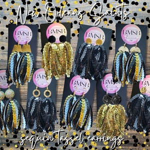 New Orleans Saints Game Day Sequin Tassel Earrings - Black, Gold and White lightweight tassel earrings, handmade