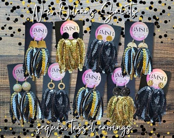 New Orleans Saints Game Day Sequin Tassel Earrings - Black, Gold and White lightweight tassel earrings, handmade