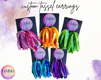 Custom Sequin Tassel Earrings - custom earrings, tassel earrings, game day, holiday, party, cheer, team earrings, FREE SHIPPING!